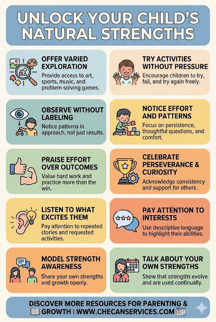 Infographic titled “Unlock Your Child’s Natural Strengths” featuring illustrated parenting strategies that help parents identify, support, and nurture children’s interests, effort, curiosity, and personal strengths.