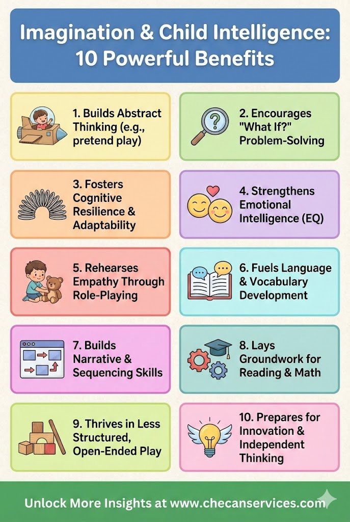 Infographic showing 10 benefits of imagination in child intelligence, including problem-solving, empathy, language development, and creativity.