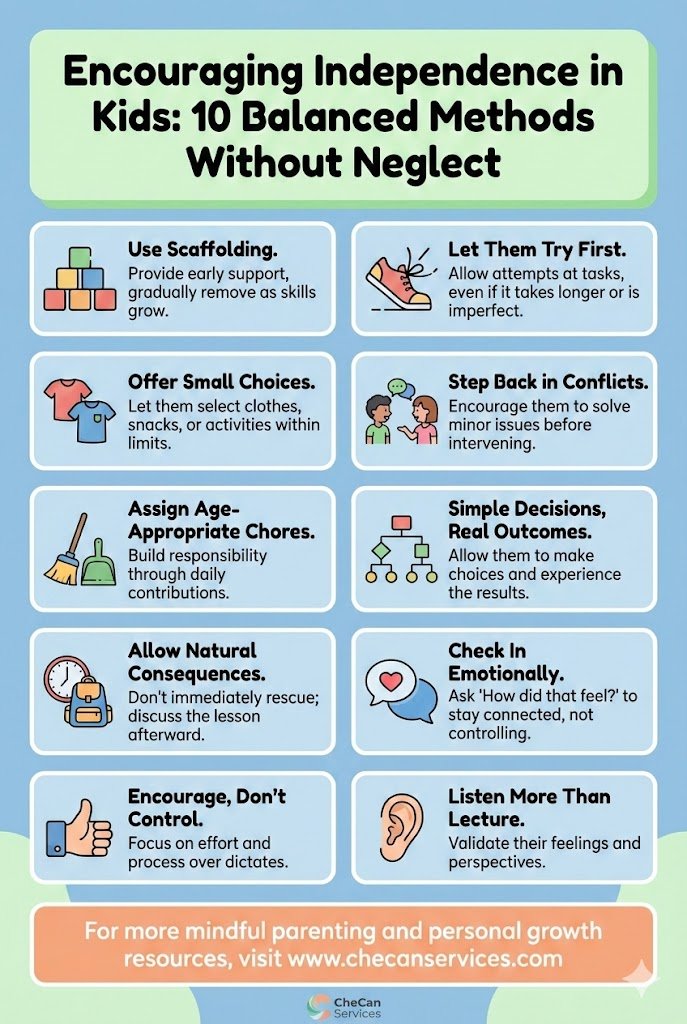 Infographic titled “Encouraging Independence in Kids” outlining ten balanced parenting methods such as scaffolding, small choices, natural consequences, and emotional check-ins to build independence without neglect.