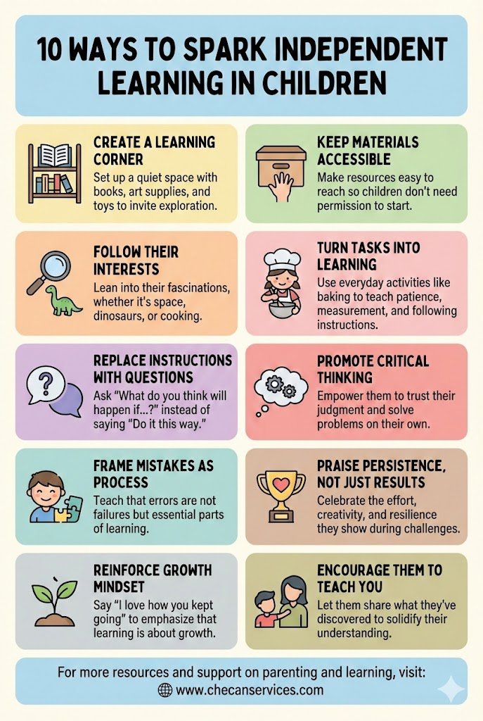 Infographic showing 10 ways to spark independent learning in children, including learning corners, critical thinking, and growth mindset.
