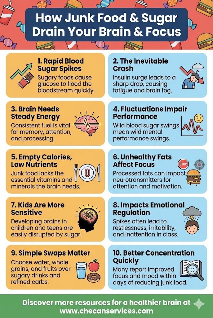Infographic explaining how junk food and sugar drain brain function and focus, highlighting blood sugar spikes, crashes, poor nutrition, emotional regulation issues, and reduced concentration.