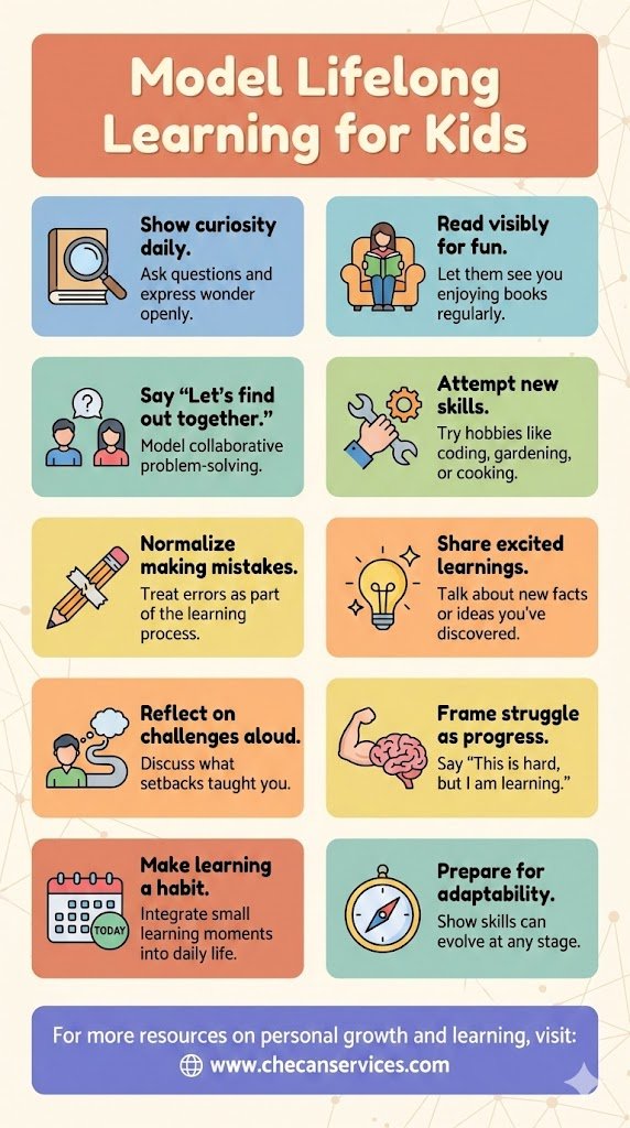 Illustrated infographic titled “Model Lifelong Learning for Kids” showing ten colorful tips for parents, including showing curiosity, reading for fun, trying new skills, embracing mistakes, and building learning habits.