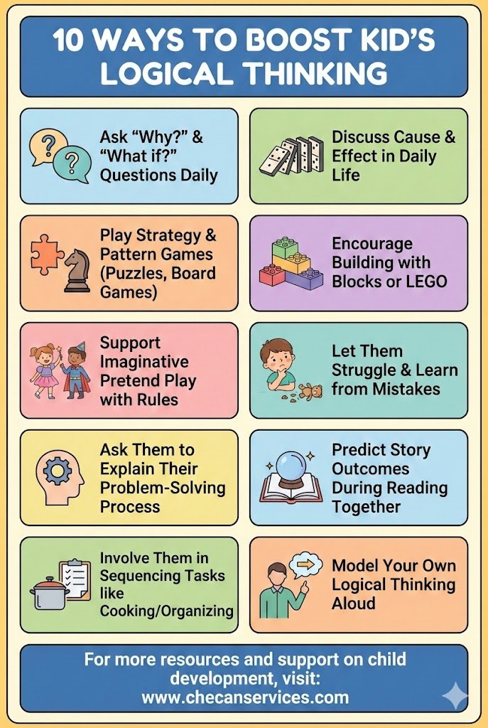 Infographic titled “10 Ways to Boost Kid’s Logical Thinking” showing practical activities like asking why questions, playing puzzles, building with blocks, and problem-solving through daily routines.