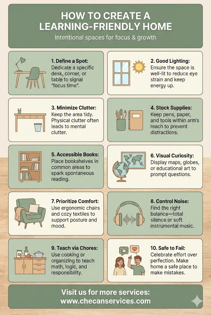 Infographic titled “How to Create a Learning-Friendly Home” with 10 tips for designing intentional home spaces that support focus, comfort, curiosity, and learning.