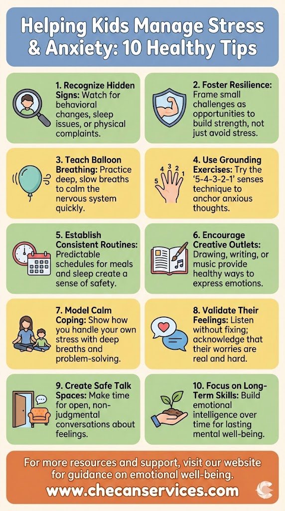 Infographic titled “Helping Kids Manage Stress & Anxiety: 10 Healthy Tips” featuring practical strategies like grounding exercises, routines, emotional validation, and creative outlets for childre