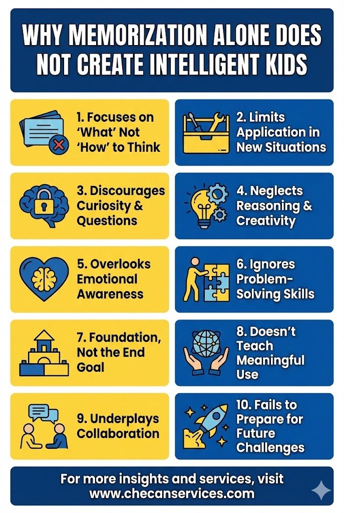 Infographic explaining why memorization alone does not create intelligent kids, highlighting limits on reasoning, creativity, and problem-solving.