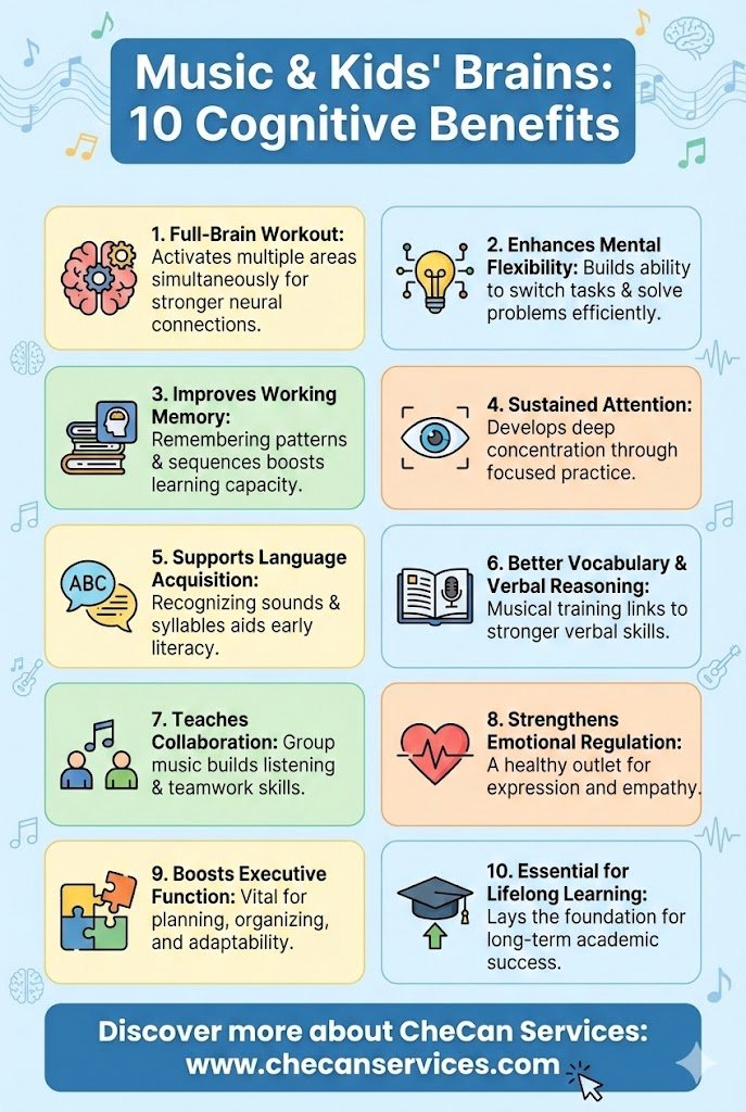 Infographic titled “Music & Kids’ Brains: 10 Cognitive Benefits” explaining how music improves memory, attention, language, emotional regulation, executive function, and lifelong learning in children.