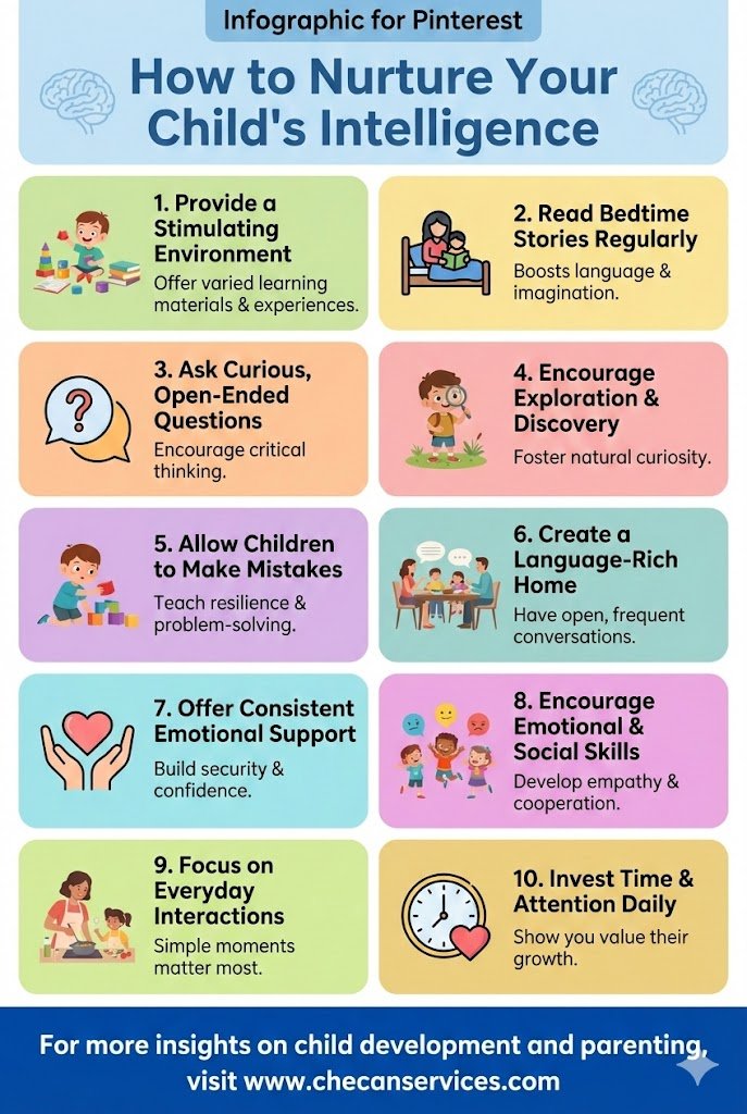 Infographic for Pinterest explaining how to nurture your child’s intelligence with 10 proven parenting tips, including reading bedtime stories, encouraging curiosity, emotional support, exploration, language development, and daily quality time.