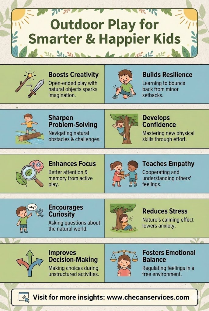 Infographic showing benefits of outdoor play for children, including creativity, resilience, problem-solving, confidence, empathy, and reduced stress.