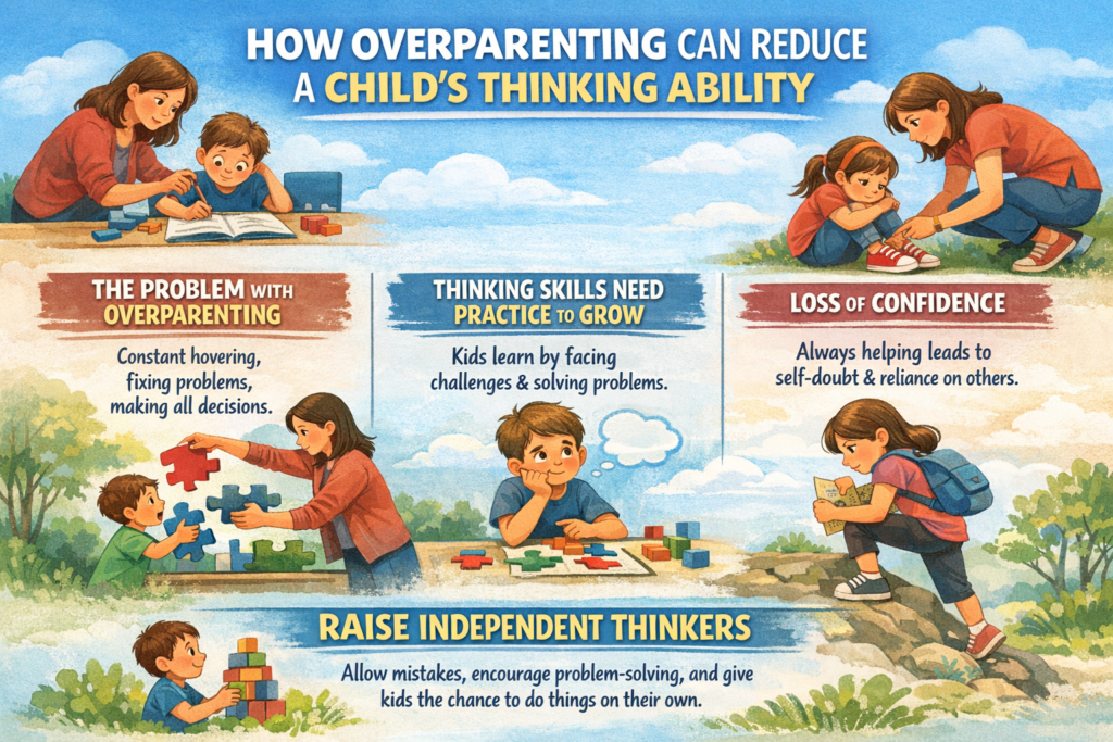 Illustrated infographic explaining how overparenting reduces a child’s thinking ability, showing parents overly helping children and contrasting it with independent problem-solving.