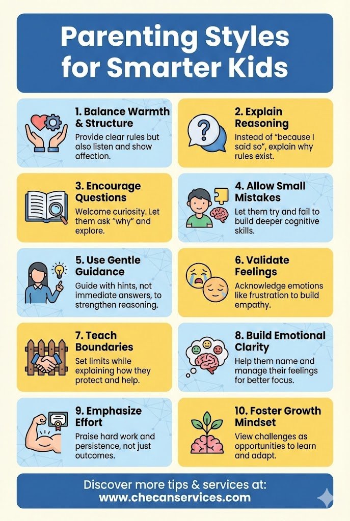 Infographic titled “Parenting Styles for Smarter Kids” showing 10 evidence-based parenting tips, including balance warmth and structure, explain reasoning, encourage questions, allow small mistakes, validate feelings, and foster a growth mindset.