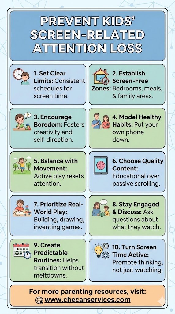 Infographic titled “Prevent Kids’ Screen-Related Attention Loss” showing 10 strategies such as setting screen limits, screen-free zones, quality content, real-world play, movement, routines, and active screen engagement.