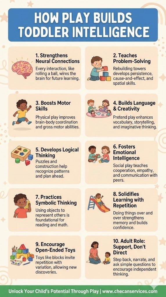 Infographic showing how play builds toddler intelligence, including neural connections, problem-solving, motor skills, language development, emotional intelligence, and learning through play activities.