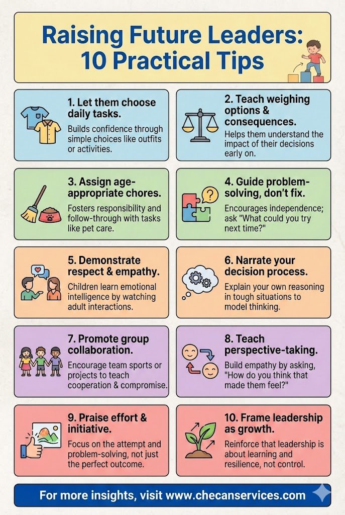 Infographic titled “Raising Future Leaders: 10 Practical Tips” featuring ten illustrated parenting strategies that teach children decision-making, empathy, responsibility, collaboration, and leadership skills.
