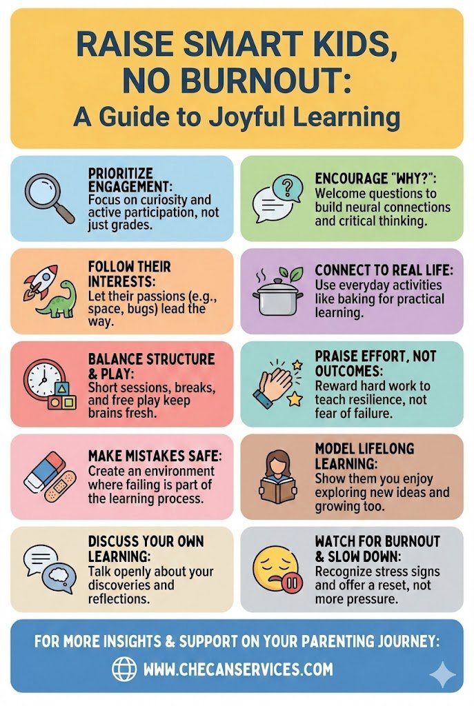 Infographic titled “Raise Smart Kids, No Burnout” with joyful learning tips like prioritizing engagement, praising effort, balancing play, encouraging curiosity, and preventing burnout.