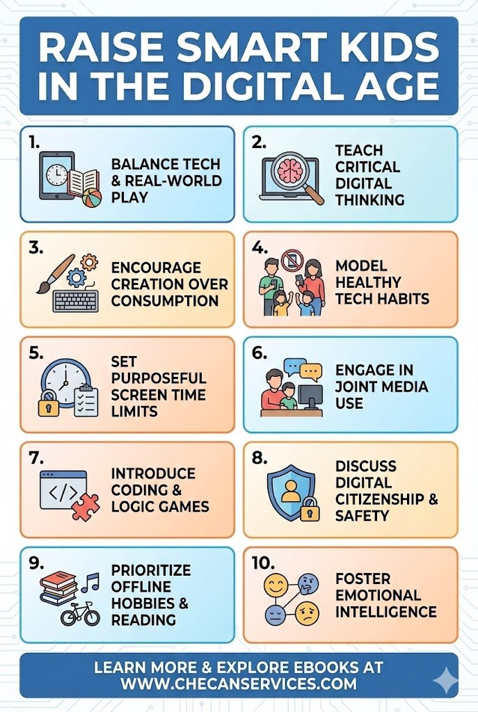 Infographic titled “Raise Smart Kids in the Digital Age” with ten tips for healthy technology use, including balanced screen time, critical thinking, digital safety, creativity, and emotional intelligence.