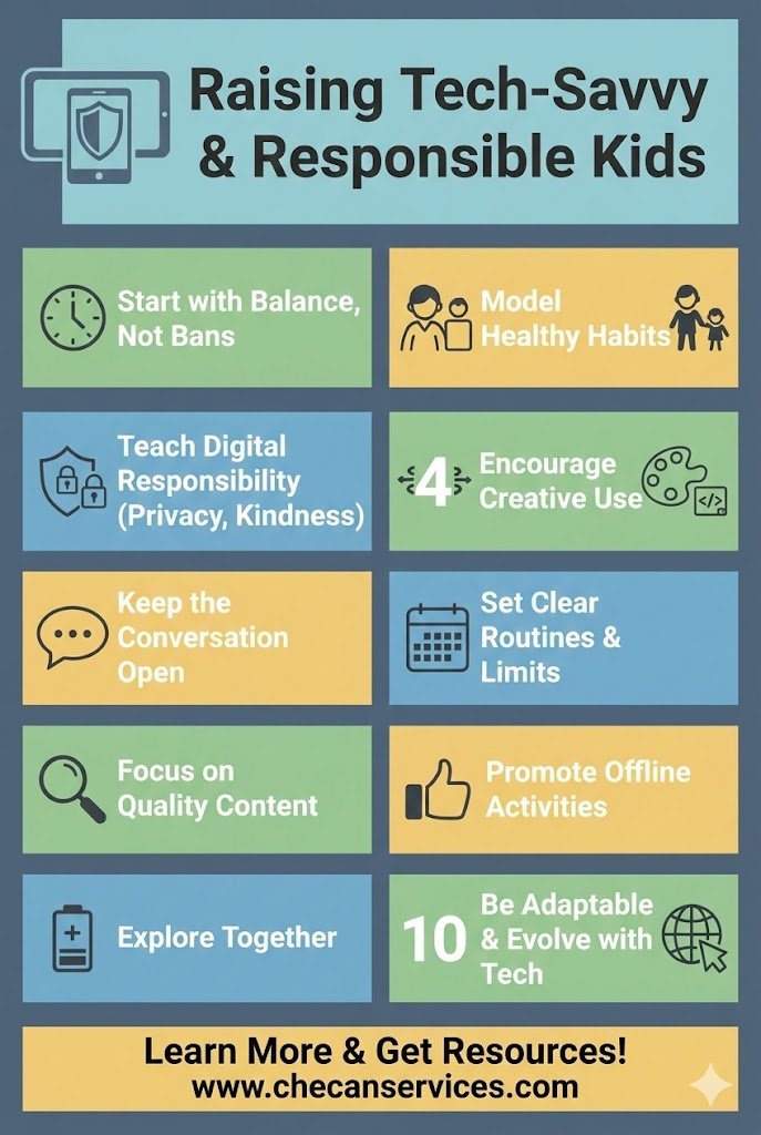 Infographic titled “Raising Tech-Savvy & Responsible Kids” with ten parenting tips covering digital balance, healthy habits, creativity, screen limits, online safety, and offline activities.