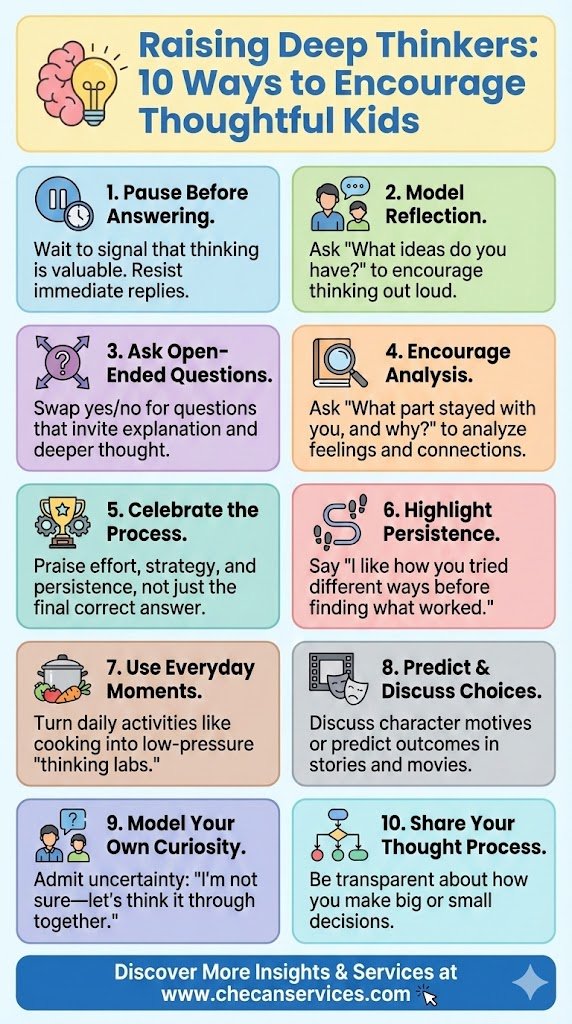 Infographic with 10 ways to encourage thoughtful kids, including reflection, open-ended questions, persistence, and curiosity.