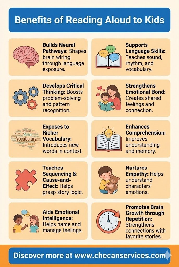 Infographic showing the benefits of reading aloud to kids, including language development, emotional bonding, vocabulary, and brain growth.