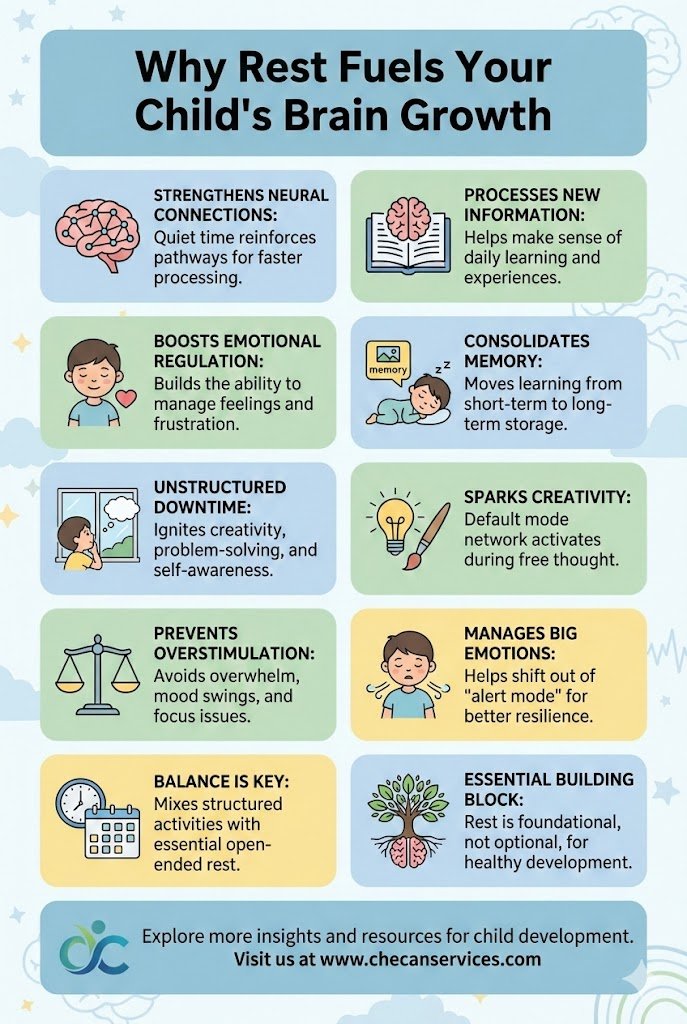 Infographic explaining why rest fuels a child’s brain growth, highlighting memory consolidation, emotional regulation, creativity, learning, and healthy development.