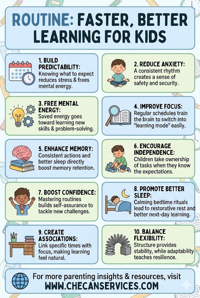 Infographic titled ‘Routine: Faster, Better Learning for Kids,’ explaining how daily routines improve focus, reduce anxiety, boost memory, confidence, independence, sleep, and learning efficiency.