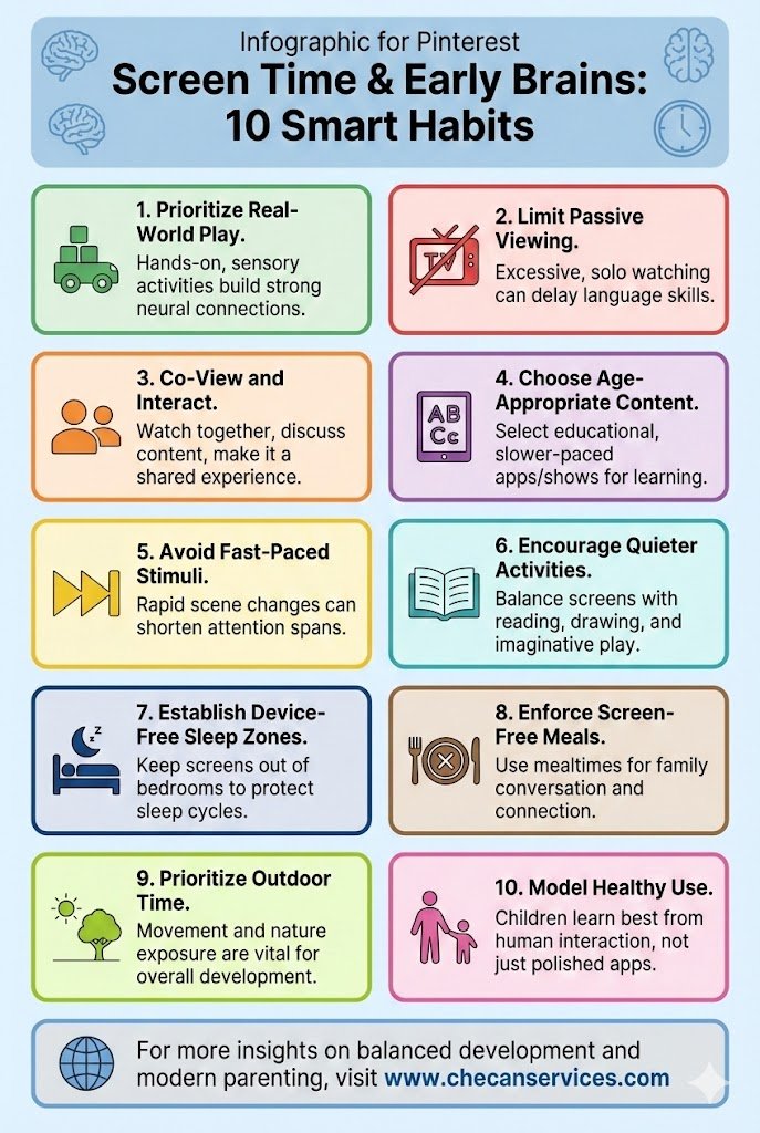 Infographic titled “Screen Time & Early Brains: 10 Smart Habits” showing evidence-based tips for healthy screen use in young children, including limiting passive viewing, encouraging outdoor play, device-free meals, and age-appropriate content.