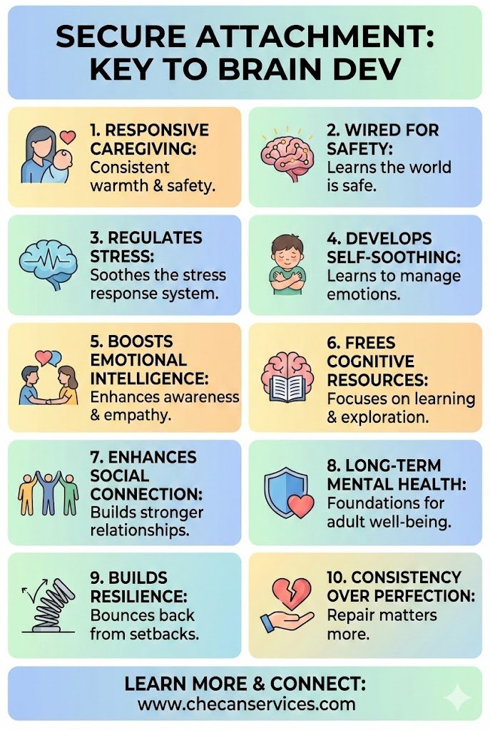 Infographic explaining how secure attachment supports early brain development, emotional regulation, resilience, and long-term mental health through responsive caregiving.
