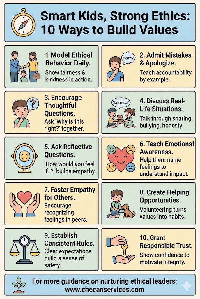 Infographic showing 10 ways to build strong ethics in kids, including empathy, accountability, emotional awareness, and responsible trust.