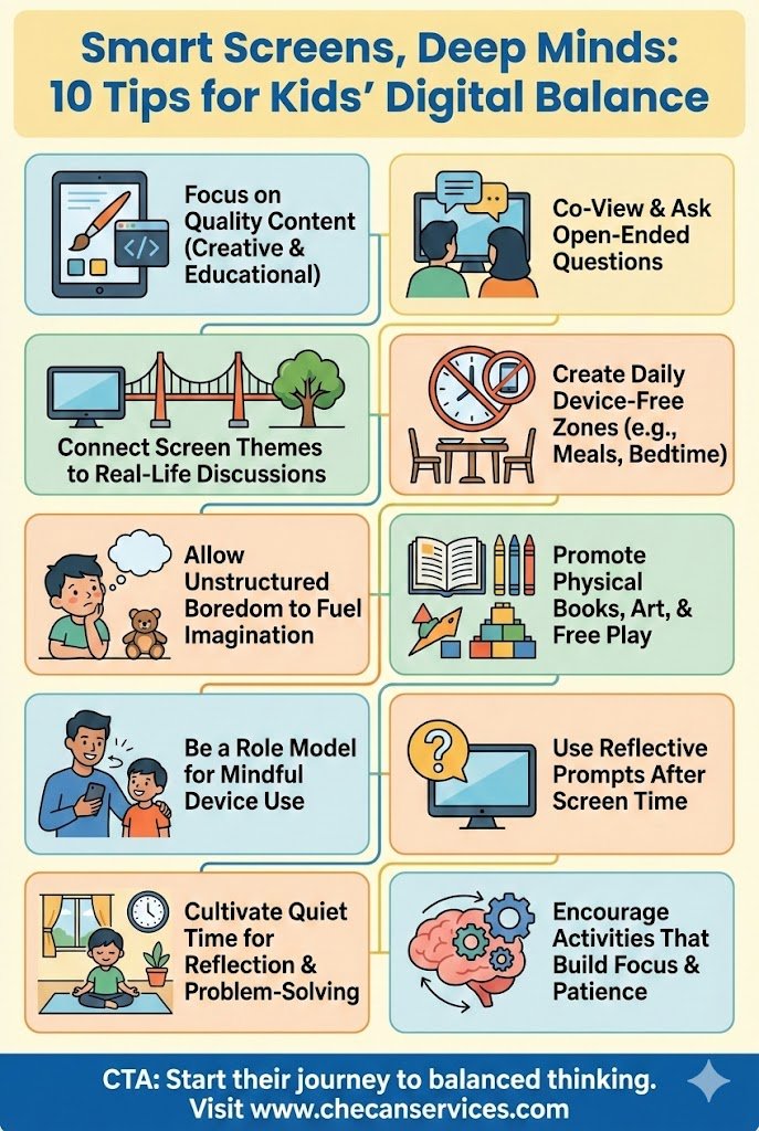 Infographic with 10 tips for kids’ digital balance, promoting mindful screen use, focus, creativity, and healthy habits.