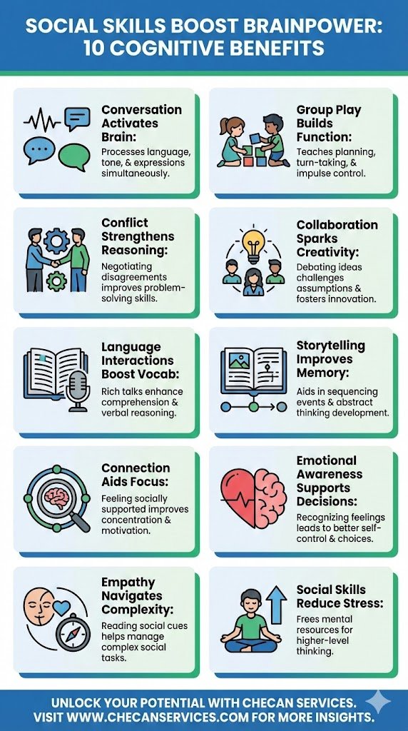 Infographic showing 10 cognitive benefits of social skills, including improved brain function, creativity, memory, focus, emotional awareness, empathy, and reduced stress.