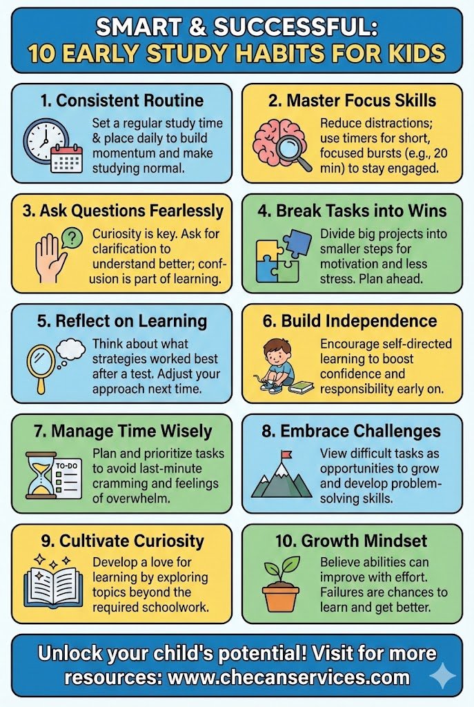 Infographic titled “Smart & Successful: 10 Early Study Habits for Kids” showing ten study skills such as consistent routines, focus skills, time management, curiosity, independence, and growth mindset.