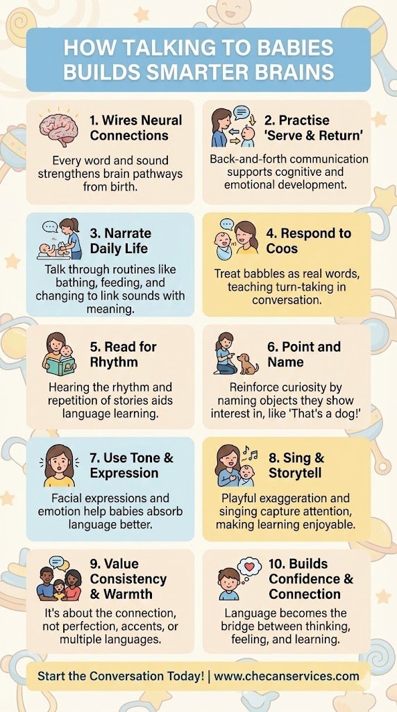 Infographic explaining how talking to babies builds smarter brains, highlighting neural connections, serve and return communication, reading, singing, emotional connection, and language development.
