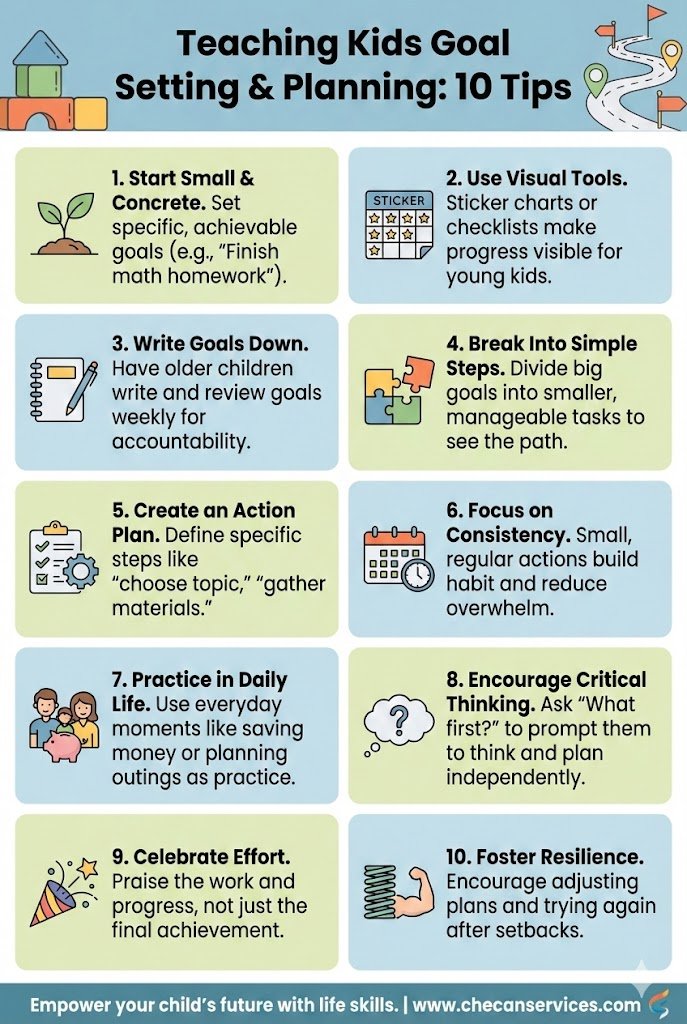 Infographic with 10 tips for teaching kids goal setting and planning, including visual tools, consistency, resilience, and action steps.