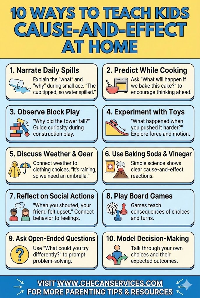 Infographic titled “10 Ways to Teach Kids Cause and Effect at Home” showing practical parenting activities like cooking, block play, science experiments, board games, and modeling decision-making to help children understand cause and effect.
