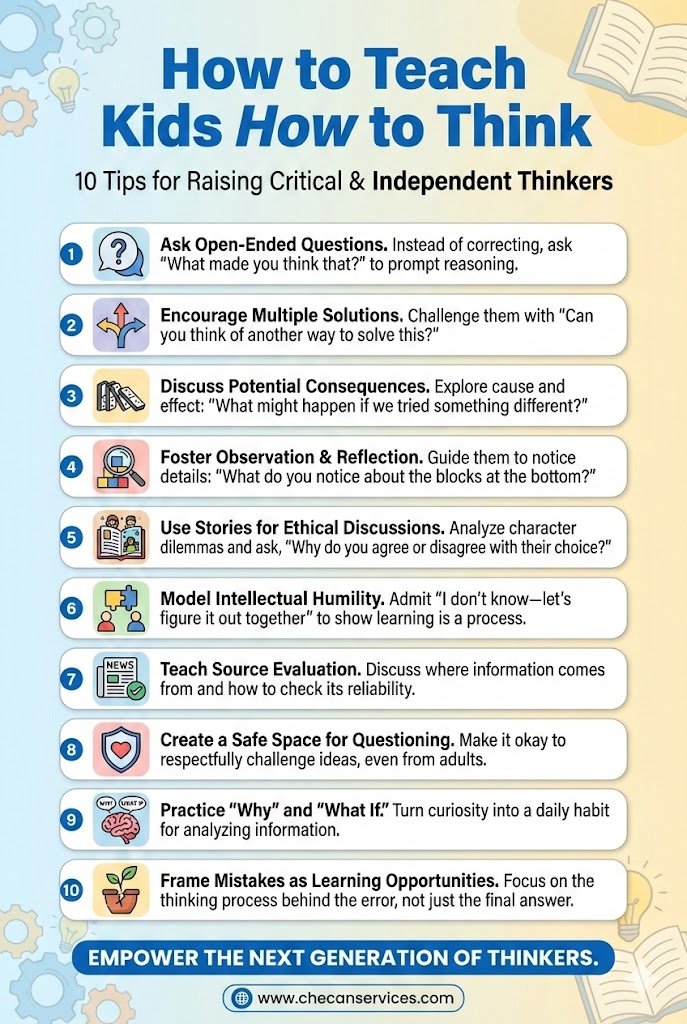 Infographic titled “How to Teach Kids How to Think” showing 10 tips for raising critical and independent thinkers, including asking open-ended questions, encouraging multiple solutions, and framing mistakes as learning opportunities.