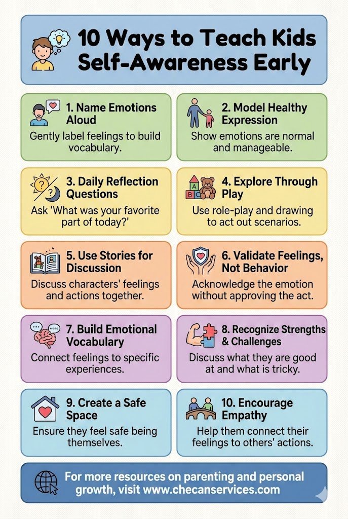 Infographic titled “10 Ways to Teach Kids Self-Awareness Early” showing simple parenting strategies like naming emotions, modeling healthy expression, daily reflection questions, play, storytelling, emotional vocabulary, empathy, and creating a safe space.