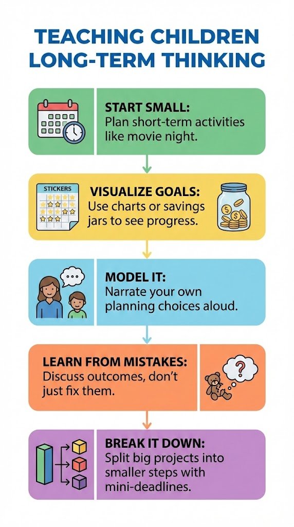 Teaching children long-term thinking with steps like starting small, visualizing goals, modeling planning, learning from mistakes, and breaking projects into smaller tasks.