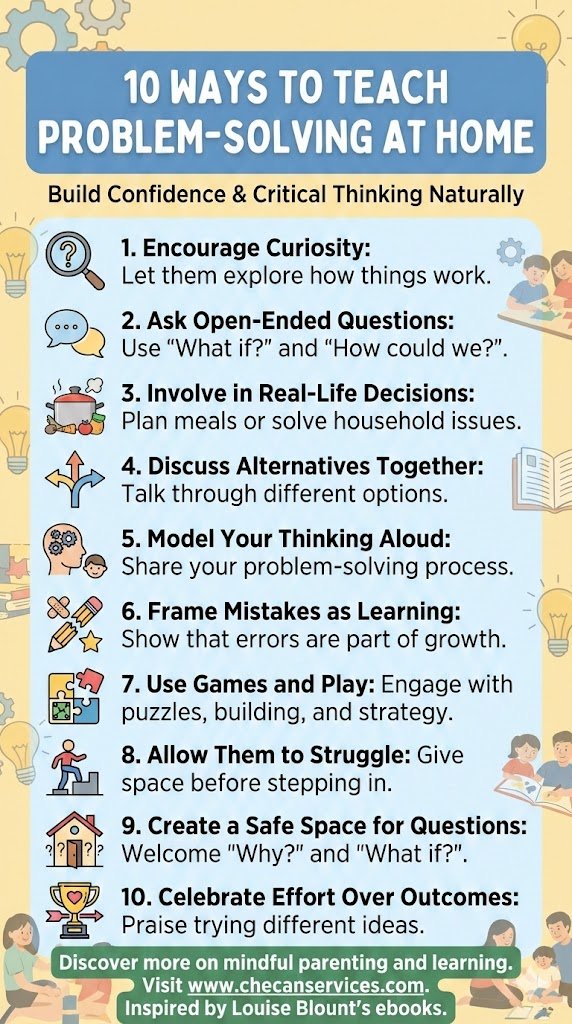 Infographic showing 10 ways to teach problem-solving at home, including encouraging curiosity, asking open-ended questions, using games, learning from mistakes, and celebrating effort.