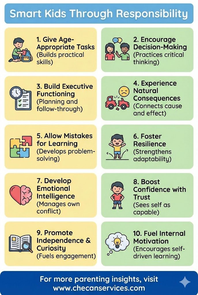 Infographic titled “Smart Kids Through Responsibility” showing ten ways responsibility helps children develop critical thinking, confidence, resilience, independence, and emotional intelligence.