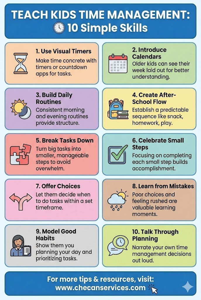 Infographic showing 10 simple time management skills for kids, including routines, visual timers, planning, and healthy habits.