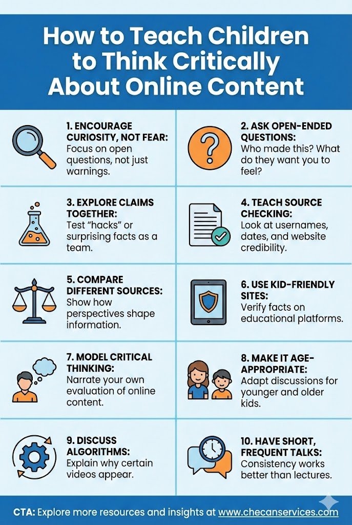 Infographic titled “How to Teach Children to Think Critically About Online Content” outlining 10 tips such as asking questions, checking sources, comparing information, and understanding algorithms.