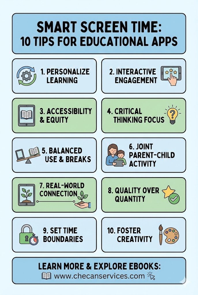 Infographic titled “Smart Screen Time: 10 Tips for Educational Apps” outlining strategies like personalized learning, interactive engagement, screen time limits, creativity, and parent-child involvement.