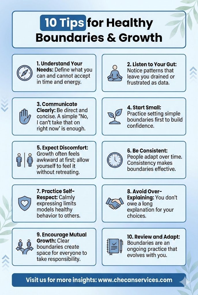 Infographic titled “10 Tips for Healthy Boundaries & Growth” presenting practical steps for setting boundaries, including understanding needs, clear communication, consistency, self-respect, and mutual growth.