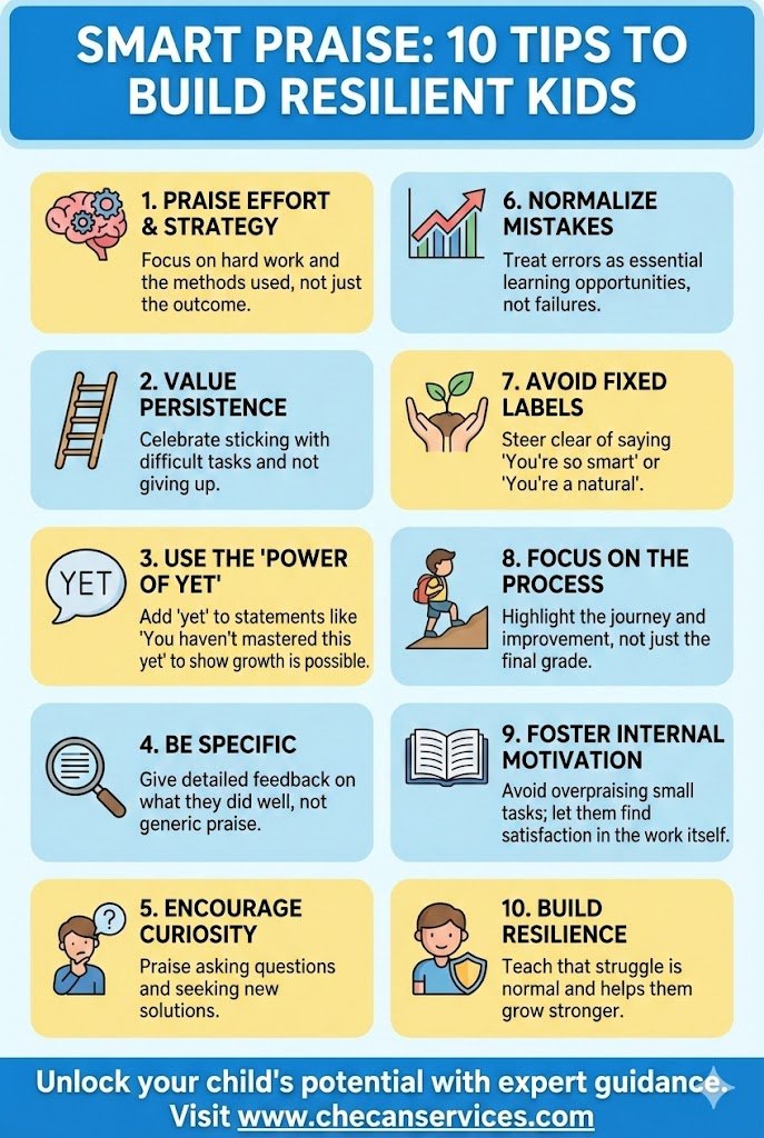 Infographic titled “Smart Praise: 10 Tips to Build Resilient Kids,” outlining ways to praise effort, persistence, curiosity, and growth to help children develop resilience.