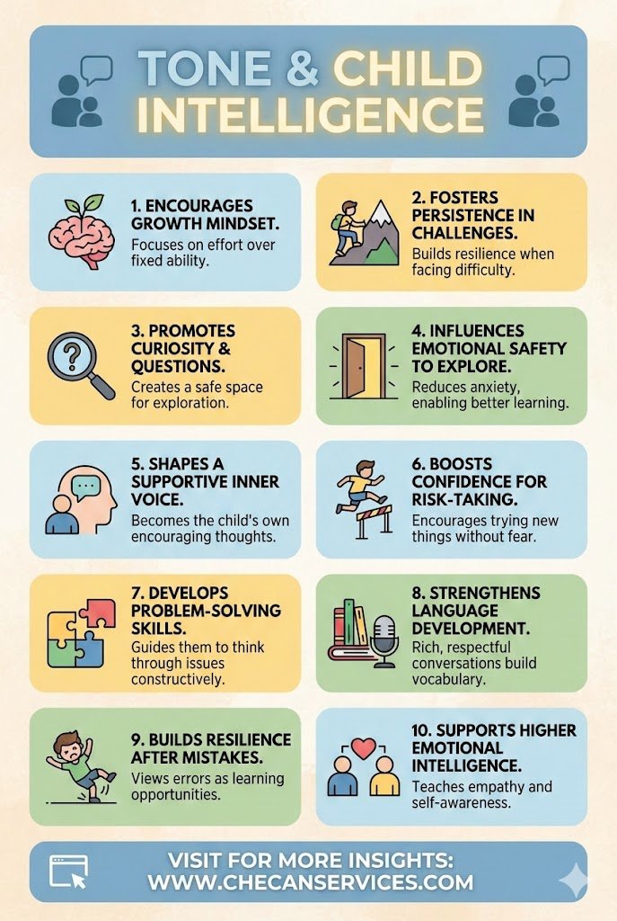Infographic titled “Tone & Child Intelligence” showing 10 ways a caregiver’s tone influences a child’s intelligence, confidence, emotional safety, resilience, curiosity, problem-solving, language development, and emotional intelligence.