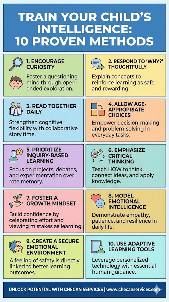 Infographic titled “Train Your Child’s Intelligence: 10 Proven Methods” showing practical parenting strategies such as encouraging curiosity, reading together daily, critical thinking, emotional intelligence, growth mindset, and adaptive learning tools.