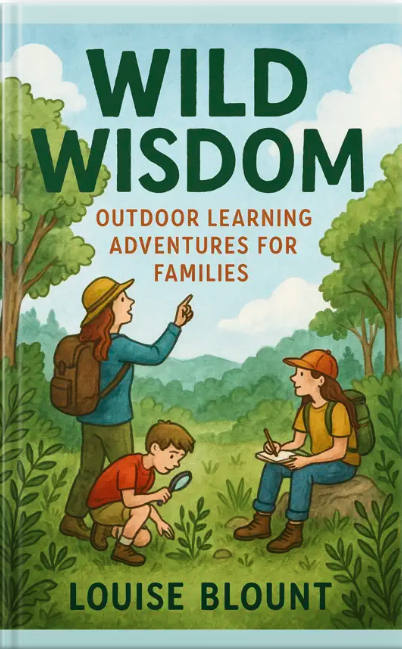 Illustrated book cover titled “Wild Wisdom: Outdoor Learning Adventures for Families” showing a parent and two children exploring nature.