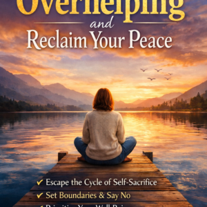 Book cover titled "Break the Habit of Overhelping and Reclaim Your Peace" by Louise Blount featuring a woman sitting on a dock at sunset overlooking a calm mountain lake.