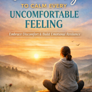 Woman sitting cross-legged on a cliff at sunrise overlooking misty mountains, symbolizing calm strength and emotional resilience, with the title “Release the Urge to Calm Every Uncomfortable Feeling” by Louise Blount.