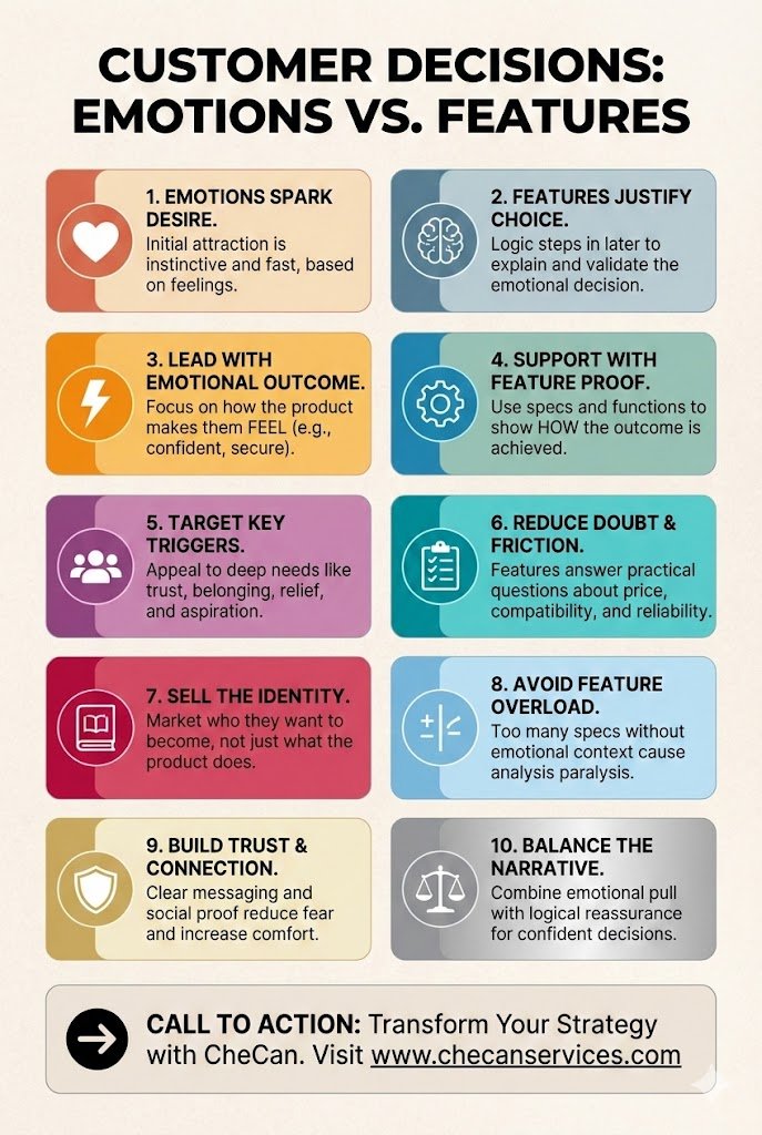 Infographic comparing customer decisions driven by emotions versus features, showing how feelings spark desire and features justify choice.